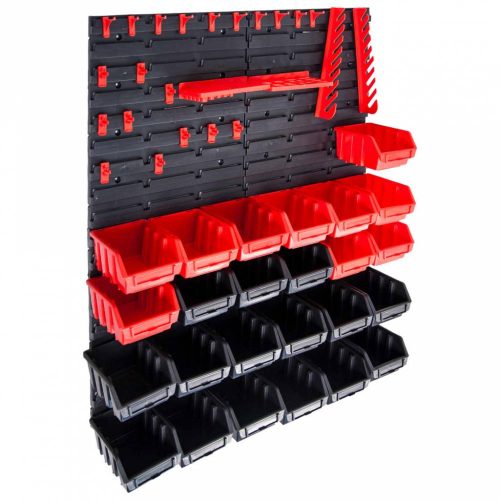 29 darabos piros és fekete tárolódoboz szett fali panelekkel