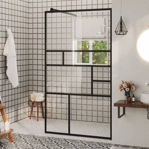 Fekete zuhanyfal átlátszó esg üveggel 90 x 195 cm