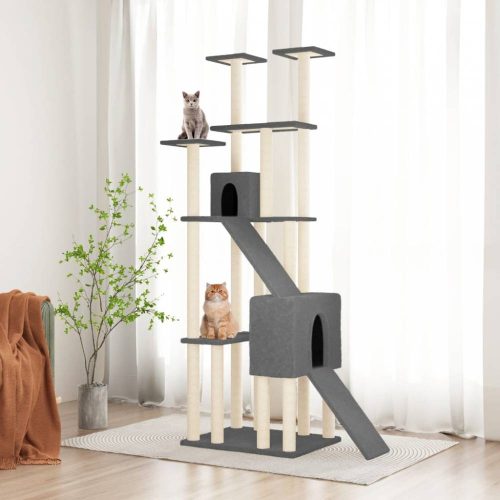 Sötétszürke macskabútor szizál kaparófákkal 190 cm