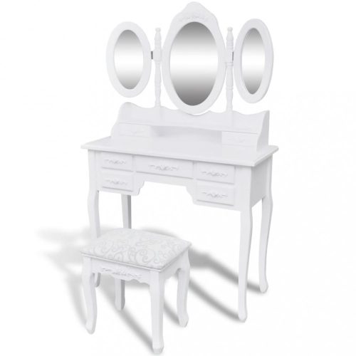 Fehér fésülködőasztal 3 tükörrel és zsámollyal 