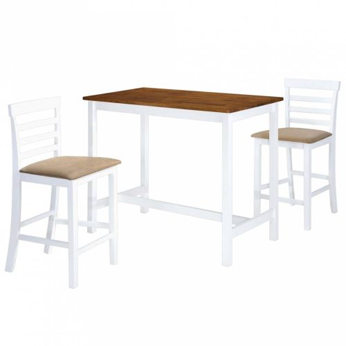 3-részes barna-fehér tömör fa bárasztal és szék garnitúra