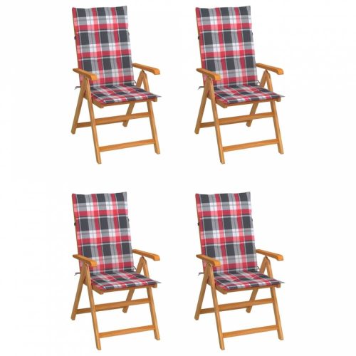 4 db tömör tíkfa kerti szék piros kockás párnákkal