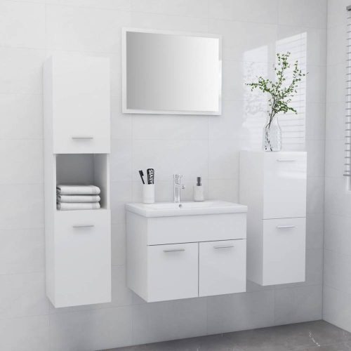 Magasfényű fehér forgácslap fürdőszobai bútorszett