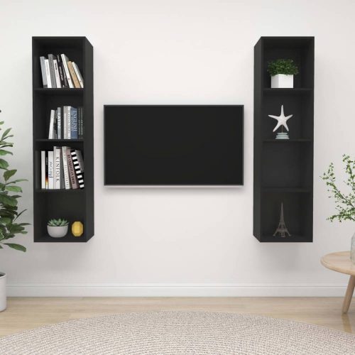 2 db fekete forgácslap falra szerelhető tv-szekrény