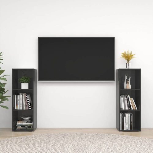 2 db magasfényű szürke forgácslap tv-szekrény 107 x 35 x 37 cm