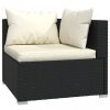 Fekete háromszemélyes polyrattan kanapé párnákkal