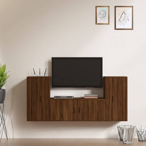 3 részes barna tölgy színű szerelt fa TV-szekrényszett