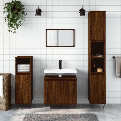 3 részes barna tölgy színű szerelt fa fürdőszobai bútorszett