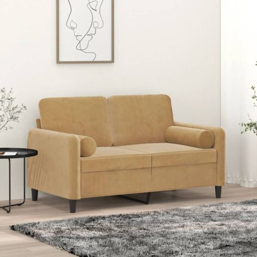 2 személyes barna bársony kanapé díszpárnákkal 120 cm