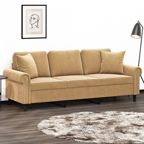3 személyes barna bársony kanapé díszpárnákkal 180 cm