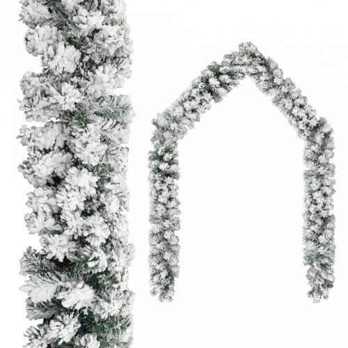 Zöld PVC karácsonyi füzér pelyhes hóval 10 m
