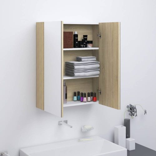 Fehér és tölgy mdf tükrös fürdőszobaszekrény 60 x 15 x 75 cm