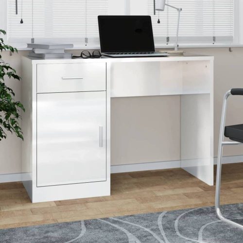 Magasfényű fehér faanyag fiókos/rekeszes íróasztal 100x40x73 cm