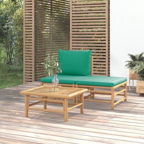 3 részes bambusz kerti ülőgarnitúra zöld párnákkal