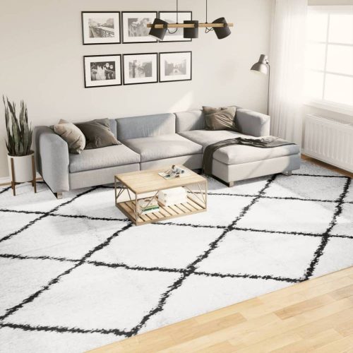 Krém és fekete hosszú szálú bozontos modern szőnyeg 300x400 cm
