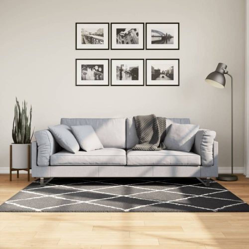 Fekete és krém hosszú szálú bozontos modern szőnyeg 120 x 170cm