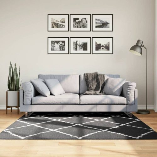 Fekete és krém hosszú szálú bozontos modern szőnyeg 160 x 160cm