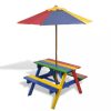 Színes fa gyerek piknikasztal paddal és napernyővel
