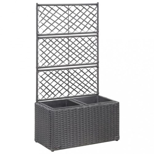 Fekete rácsos polyrattan magaságyás 2 kaspóval 58 x 30 x 107 cm