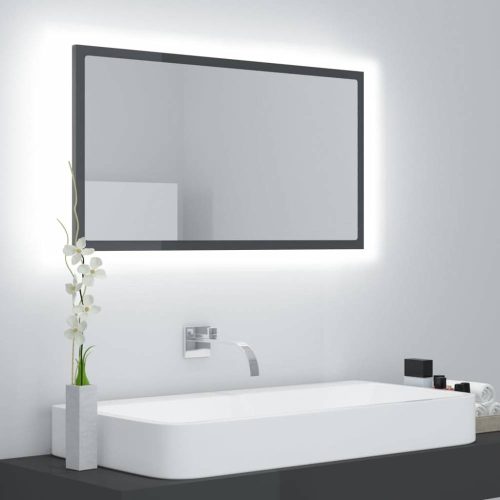 Magasfényű szürke akril led-es fürdőszobatükör 80x8,5x37 cm