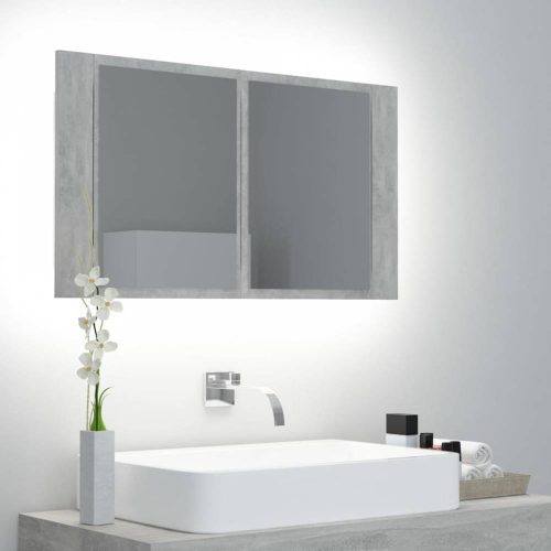 Betonszürke akril led-es tükrös fürdőszobaszekrény 80x12x45 cm