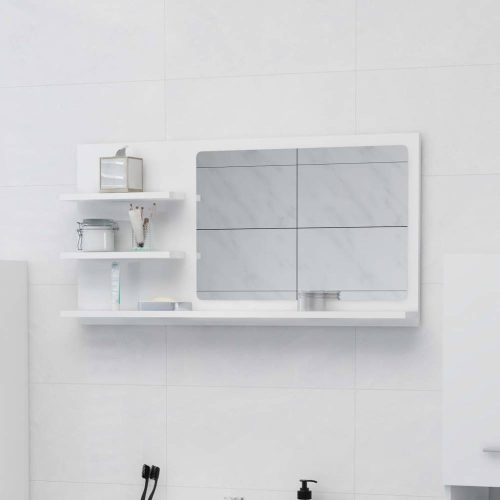 Magasfényű fehér forgácslap fürdőszobai tükör 90 x 10,5 x 45 cm