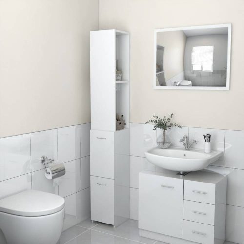 Magasfényű fehér forgácslap fürdőszobaszekrény 25 x 25 x 170 cm