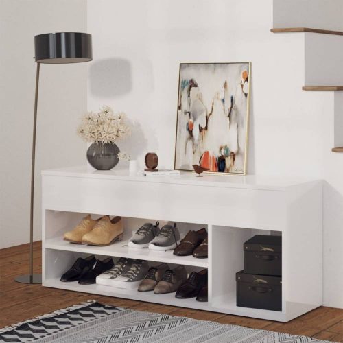 Magasfényű fehér forgácslap cipőtároló pad 105 x 30 x 45 cm