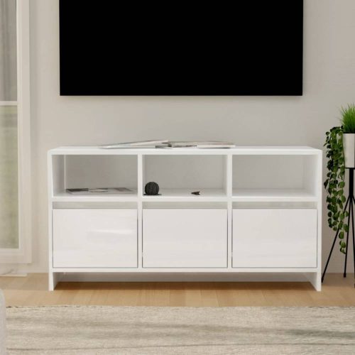 Magasfényű fehér forgácslap tv-szekrény 102 x 37,5 x 52,5 cm
