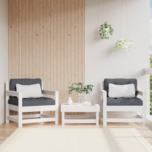 2 db fehér tömör fenyőfa kerti szék párnákkal
