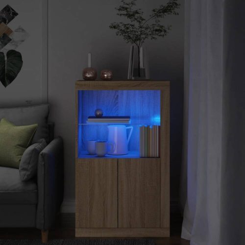 Sonoma tölgy színű szerelt fa tálalószekrény LED-világítással