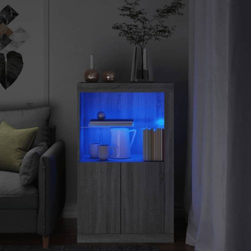 Szürke sonoma színű szerelt fa tálalószekrény LED-világítással